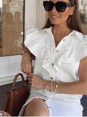 ZARA White Denim Ruffled Dress Size M